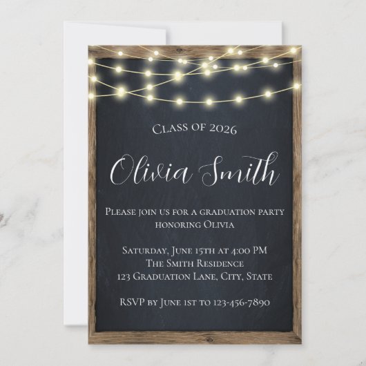 Invitation Rustic Chalkboard & String Lights Graduation Party (Devant)