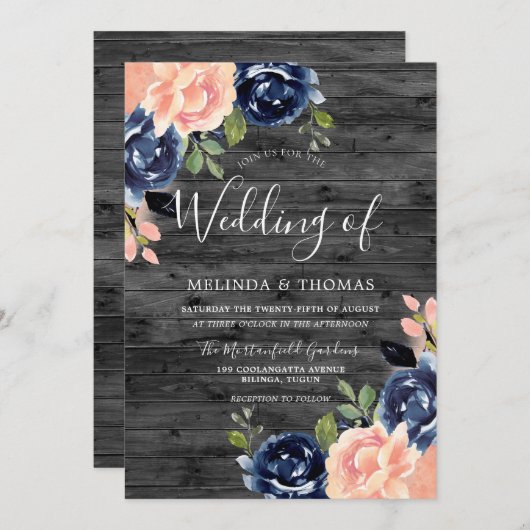 Invitation Rustic Charcoal Blush & Navy Blue Flowers Mariage (Devant / Derrière)