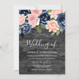 Invitation Rustic Charcoal Blush & Navy Floral Mariage