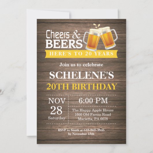 Invitation Rustic Cheers and Beers 20e Anniversaire (Devant)