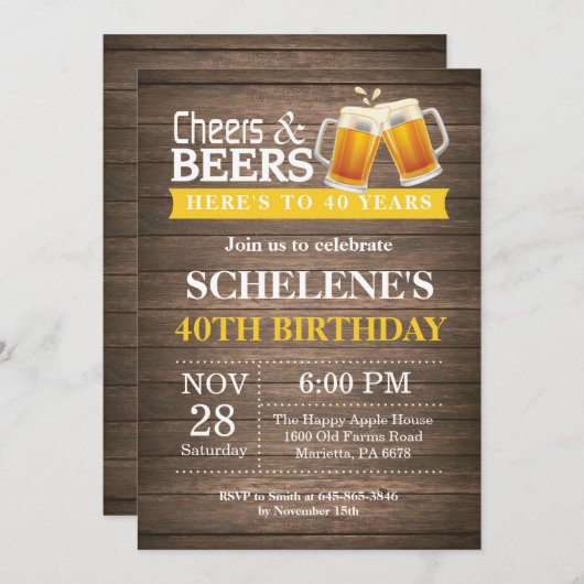 Invitation Rustic Cheers and Beers 40e anniversaire (Devant / Derrière)