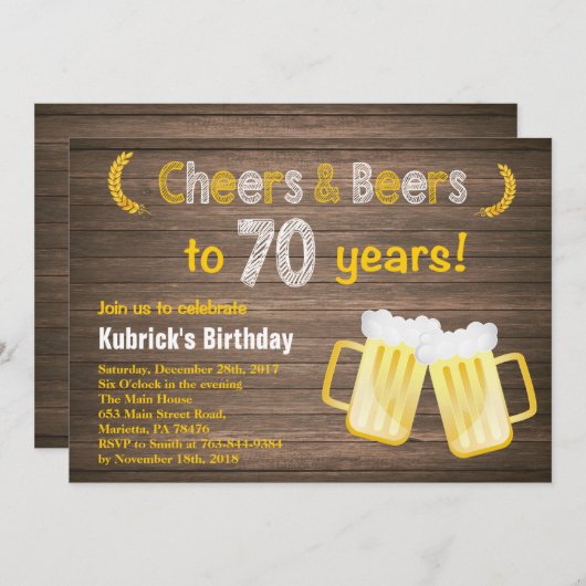 Invitation Rustic Cheers and Beers 70e anniversaire Invitatio (Devant / Derrière)