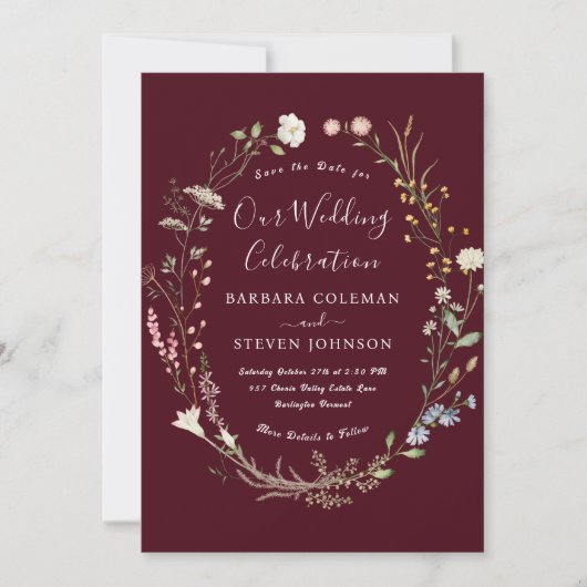 Invitation Rustic Chic Boho Fleur sauvage Bourgogne Mariage (Devant)