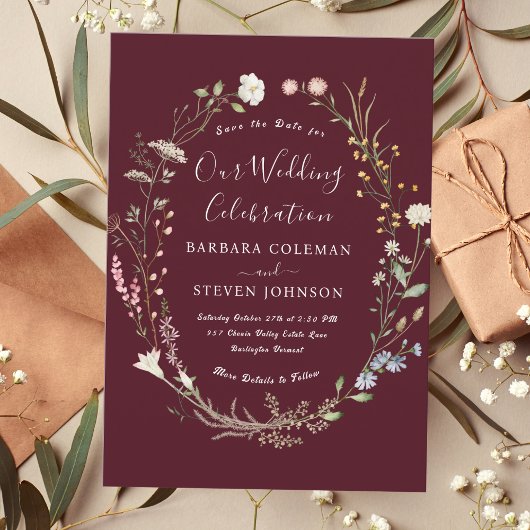 Invitation Rustic Chic Boho Fleur sauvage Bourgogne Mariage