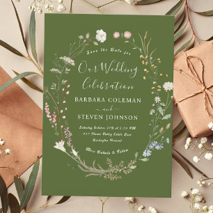 Invitation Rustic Chic Boho Fleur sauvage Moss Green Mariage