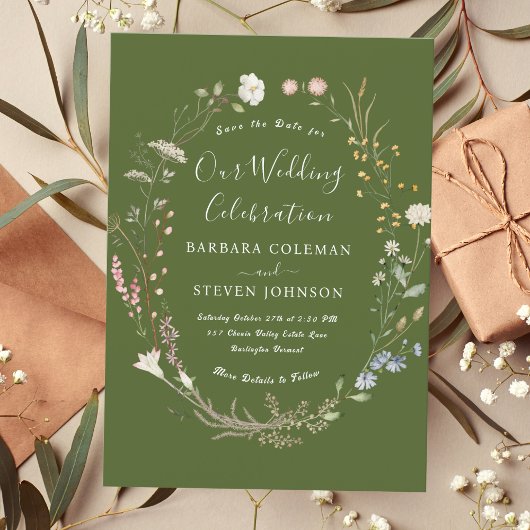 Invitation Rustic Chic Boho Fleur sauvage Moss Green Mariage