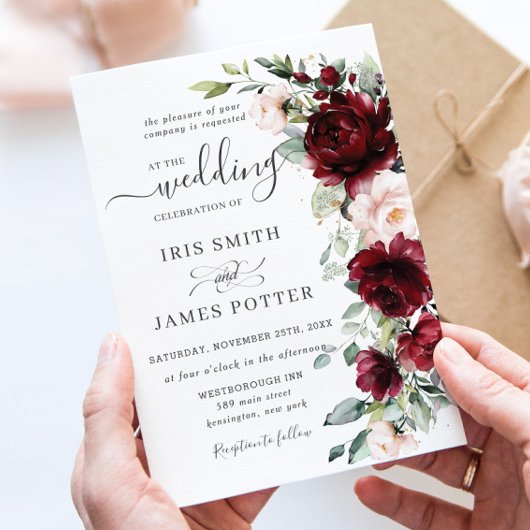 Invitation Rustic Chic Burgundy Blush Pink Floral Wedding