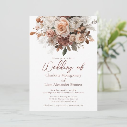 Invitation Rustic Chic Elegant Boho Blush Floral Wedding (Debout devant)