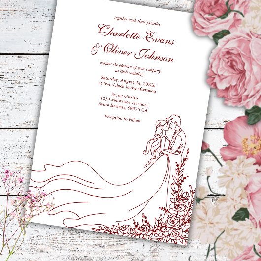 Invitation Rustic Chic Main tiré Couple Mariage Bourgogne