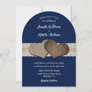 Invitation Rustic Chic Navy Bleu Burlap Coeurs dentelle Maria