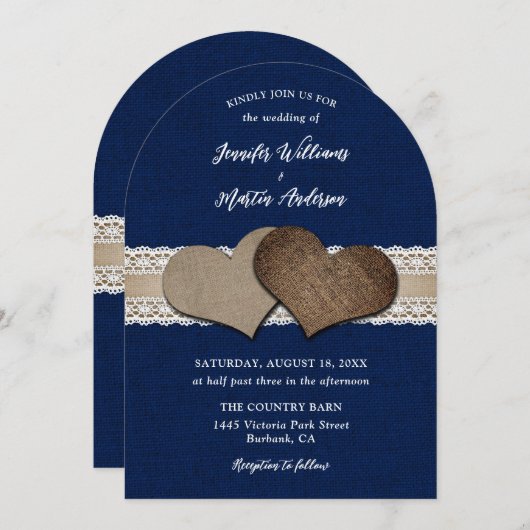 Invitation Rustic Chic Navy Bleu Burlap Coeurs dentelle Maria (Devant / Derrière)