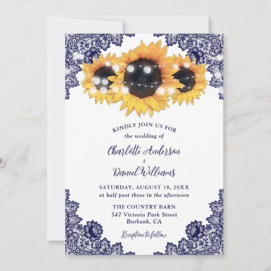 Invitation Rustic Chic Navy Mariage de tournesol en dentelle (Devant)