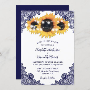 Invitation Rustic Chic Navy Mariage de tournesol en dentelle 