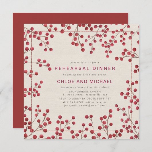 Invitation Rustic Chic Red Berry - Répétition de mariage d'hi (Devant / Derrière)