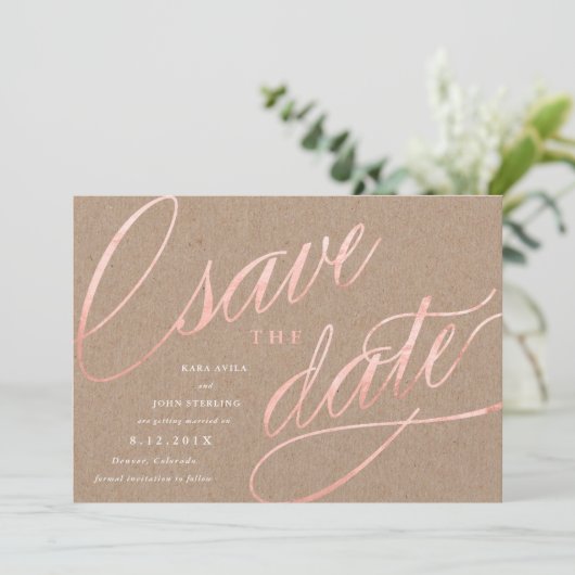 Invitation Rustic Chic Rose Gold Enregistrer les dates | Or R (Debout devant)