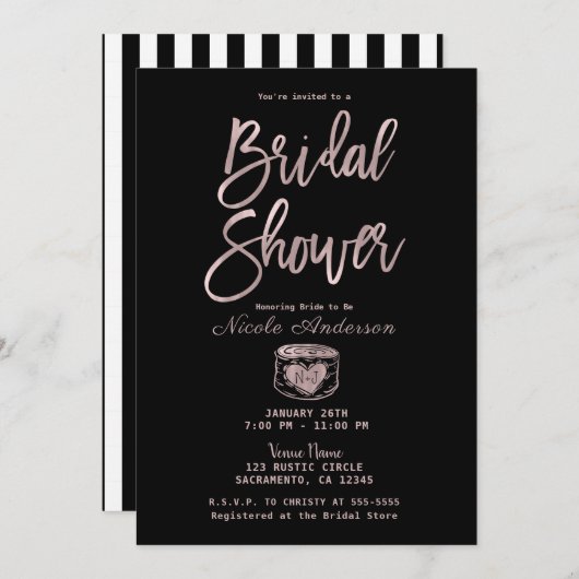 Invitation Rustic Chic Rose Gold Pink Stripes Fête des mariée (Devant / Derrière)