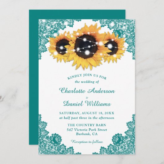 Invitation Rustic Chic Turquoise Lace Mariage de tournesol (Devant / Derrière)