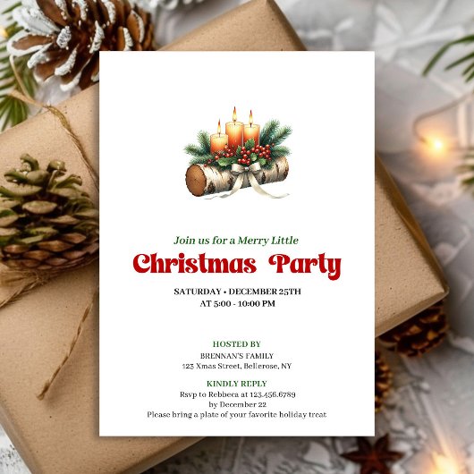 Invitation Rustic Christmas Candles Berries Invite Editable