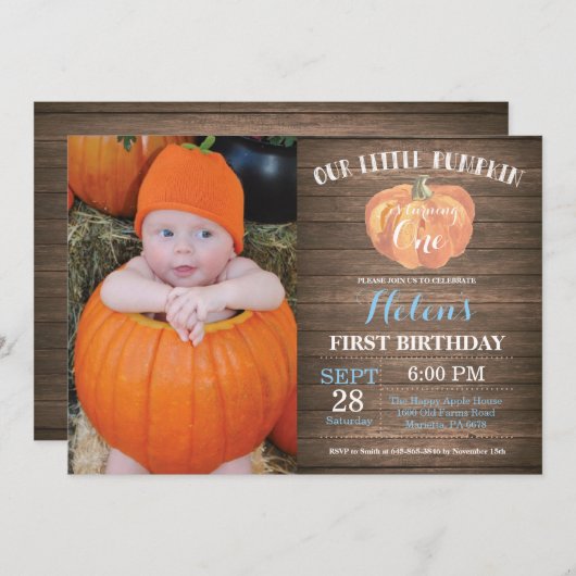 Invitation Rustic Citrouille First Birthday (Devant / Derrière)