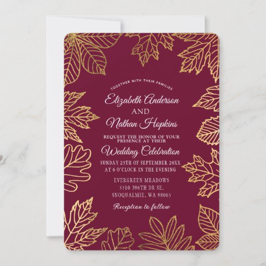 Invitation Rustic Classy Gold Cranberry Automne Feuilles Mari (Devant)