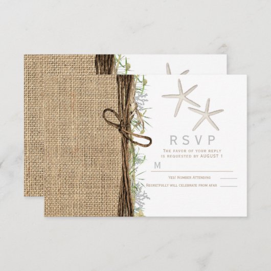 Invitation Rustic Coastal Beach Starfish Burlap Wedding RSVP (Devant / Derrière)
