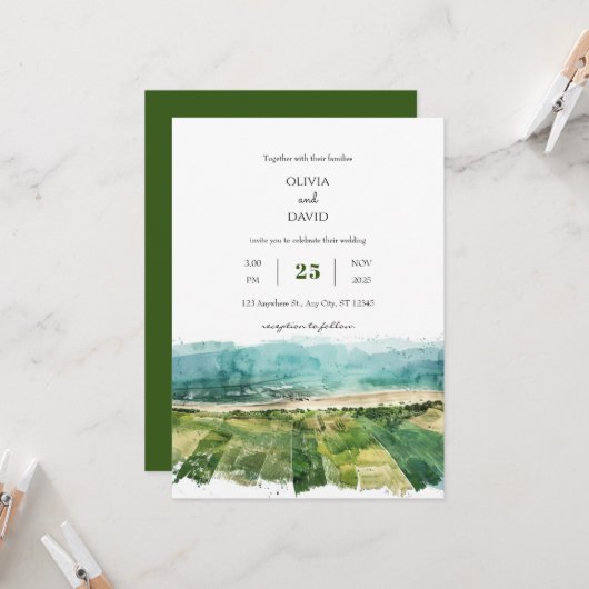 Invitation Rustic Coastal Green Farmlands Voir Plage Mariage (Devant/Arrière en situation)