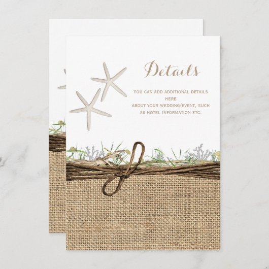 Invitation Rustic Coastal Starfish Burlap Détails du Mariage (Devant / Derrière)