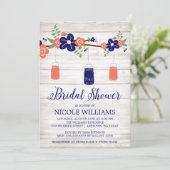 Invitation Rustic Coral Navy Mason Jar Branche Fête des marié (Debout devant)