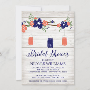 Invitation Rustic Coral Navy Mason Jar Branche Fête des marié