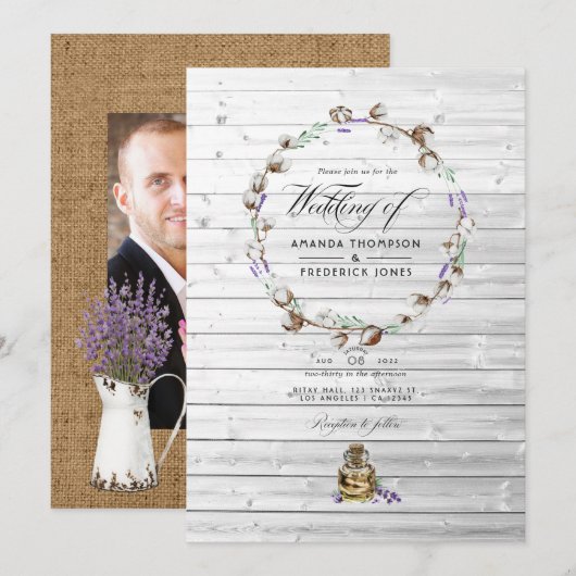 Invitation Rustic Cotton Lavender Pays Barre Mariage Photo (Devant / Derrière)