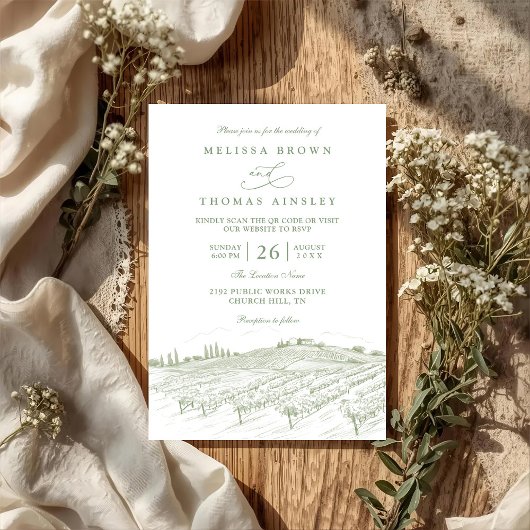 Invitation Rustic Country Art Line Elegant QR Code Wedding
