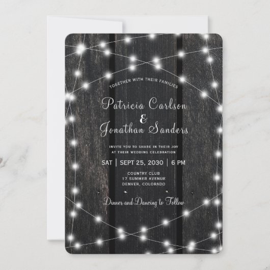Invitation Rustic country barn wood string lights wedding (Devant)
