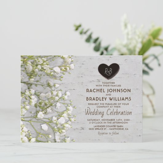 Invitation Rustic Country Birch Tree Baby's Breath Mariage (Debout devant)