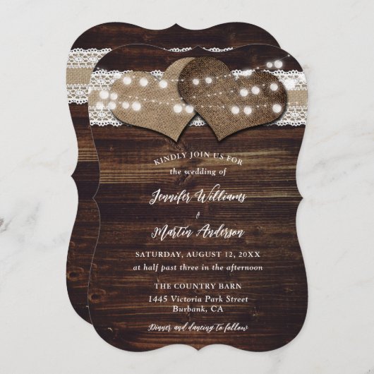 Invitation Rustic Country Bois Burlap et Mariage de dentelle (Devant / Derrière)