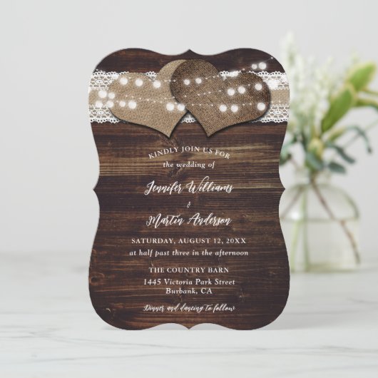 Invitation Rustic Country Bois Burlap et Mariage de dentelle (Debout devant)