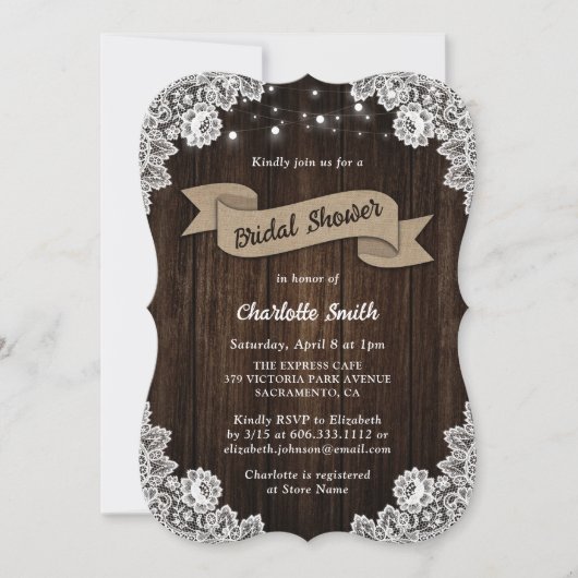 Invitation Rustic Country Bois Burlap Ribbon Fête des mariées (Devant)