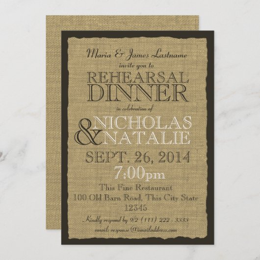 Invitation Rustic Country Burlap 5x7 Dîner de répétition (Devant / Derrière)