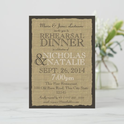 Invitation Rustic Country Burlap 5x7 Dîner de répétition (Debout devant)