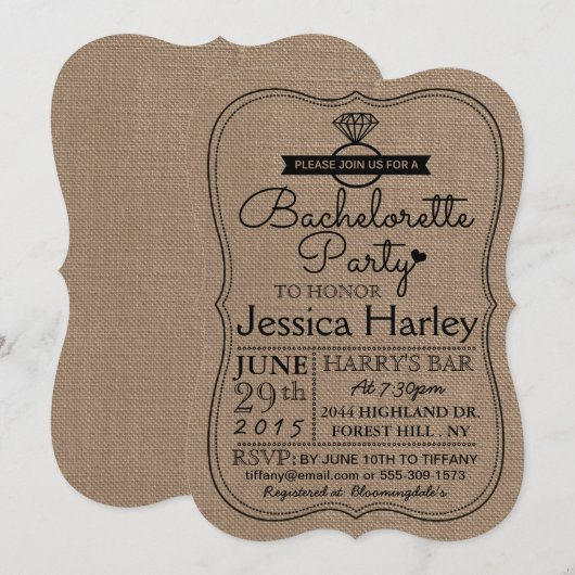Invitation Rustic Country Burlap Bachelorette Party (Devant / Derrière)