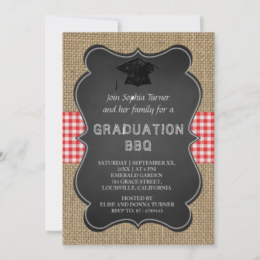 Invitation Rustic Country Burlap Chalkboard GRADUATION BBQ (Devant)