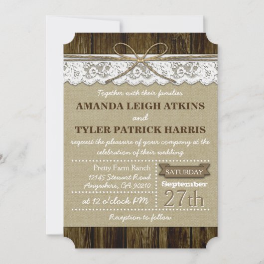 Invitation Rustic Country Burlap et dentelle mariage invitati (Devant)