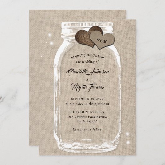 Invitation Rustic Country Burlap Hearts Mason Jar Mariage (Devant / Derrière)