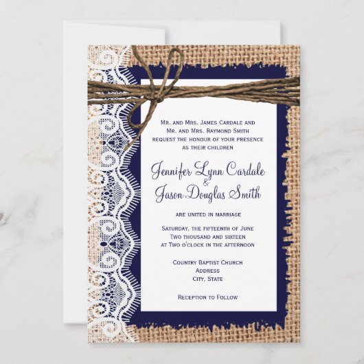 Invitation Rustic Country Burlap Lace Twine Wedding Invite (Devant)