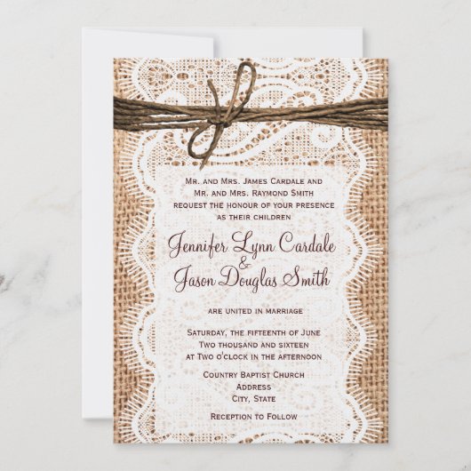 Invitation Rustic Country Burlap Lace Twine Wedding Invite (Devant)