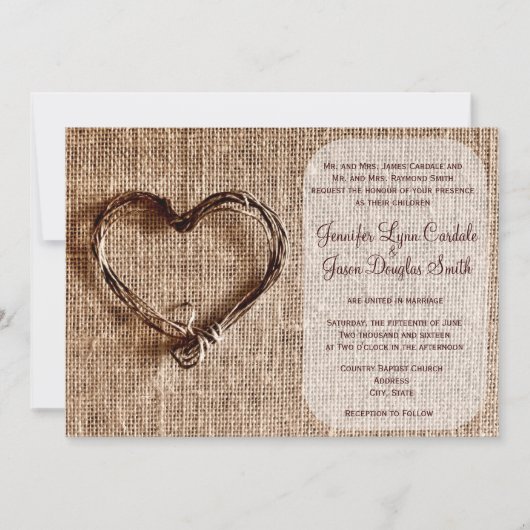 Invitation Rustic Country Burlap Twine Heart Wedt Invite (Devant)