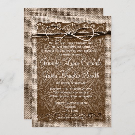 Invitation Rustic Country Burlap Twine Scroll Wedding Invite (Devant / Derrière)