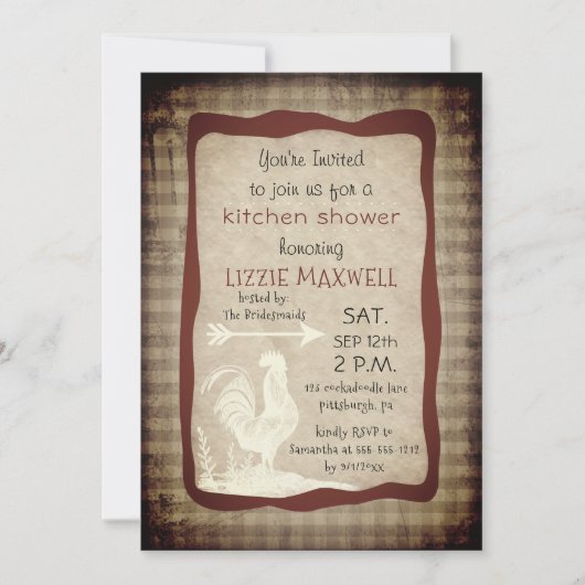 Invitation Rustic Country Check Rooster Kitchen Douche (Devant)