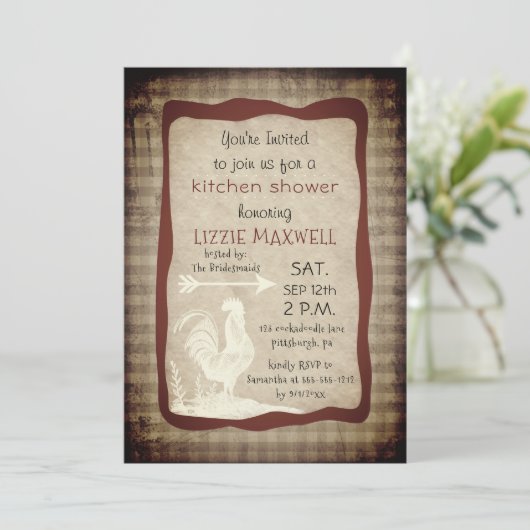 Invitation Rustic Country Check Rooster Kitchen Douche (Debout devant)