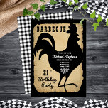 Invitation Rustic Country Chicken BBQ 21e fête d'anniversaire<br><div class="desc">Style rustique ferme avec aspect vieilli,  déchirée en papier et chèques de buffle noir et blanc comme arrière - plans pour une silhouette de coq noir "BARBEQUE" Design de fête d'anniversaire par Holiday Hearts Designs (droits réservés).</div>