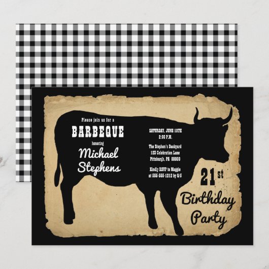 Invitation Rustic Country Cow 21e anniversaire de fête Barbeq (Devant / Derrière)